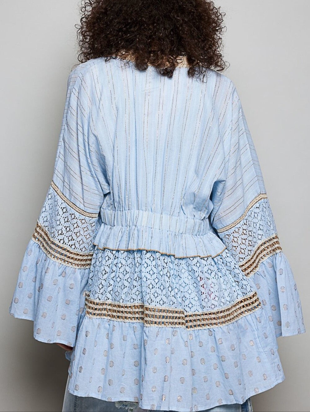 POL Powder Blue Gold Metallic Lace Seashell Boho Kimono Cardigan Style SMQG2 - Picture 2 of 9